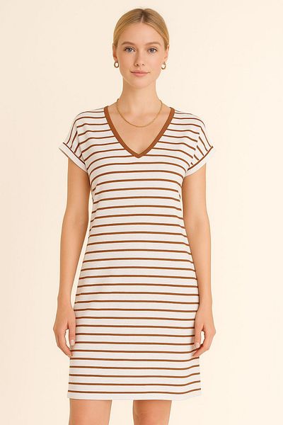 trendalisse Women's Brown Striped V Neck Wide Fit Casual Summer Dress