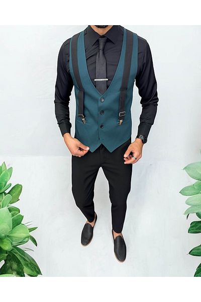 dehaine Men's suit, pants with vest, plain green, 13229