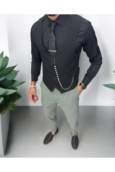 dehaine Men's suit, pants with vest, plain black, 13216