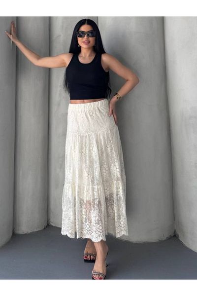 SOFT Lace Elastic Waist Long Skirt - Lined Inside