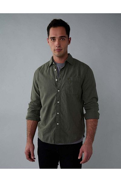 AMERICAN EAGLE AE Long-Sleeve Linen-Blend Button-Up Shirt
