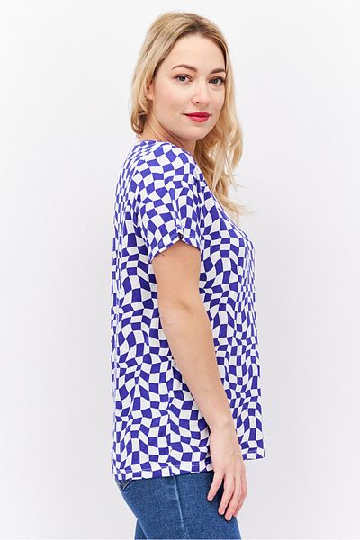 Sinsay Women Round Neck Short Sleeve Checkered Top, White/Blue