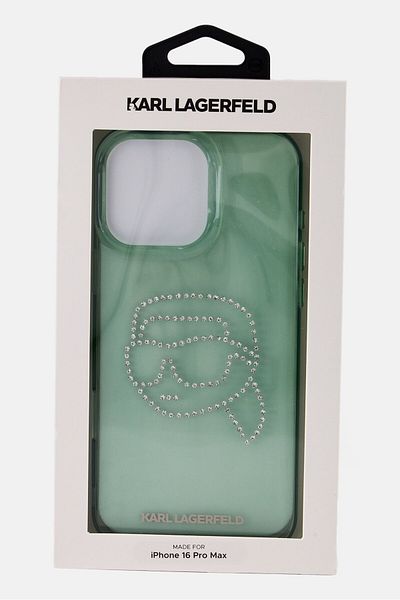 Karl Lagerfeld غلاف هاتف صلب بشعار حجر الراين لهاتف iPhone 16 Pro Max، أخضر