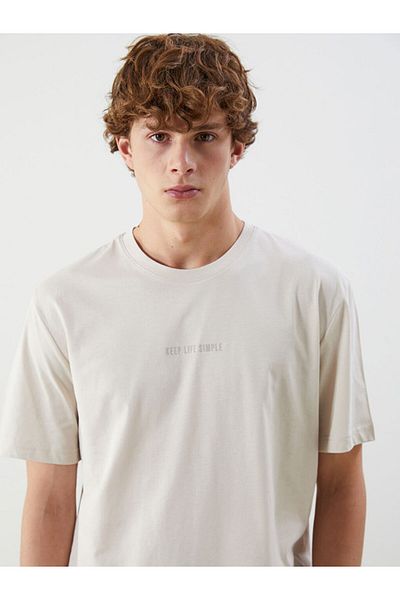 LC Waikiki Xside Men's Beige Crew Neck Printed Combed Cotton T-Shirt