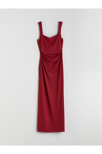 LC Waikiki Burgundy Square Neck Gathered Bodycon Dress