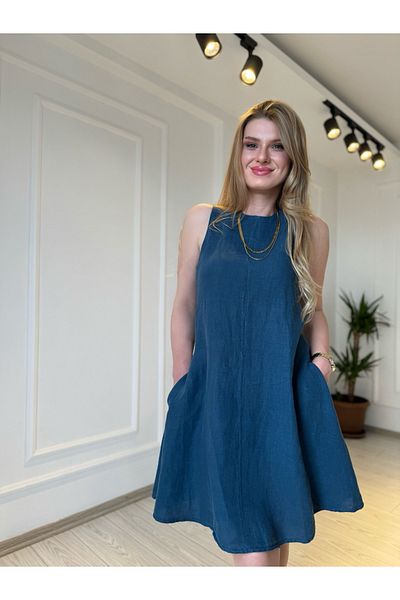 Store Zero Sleeve Pocket Linen Dress