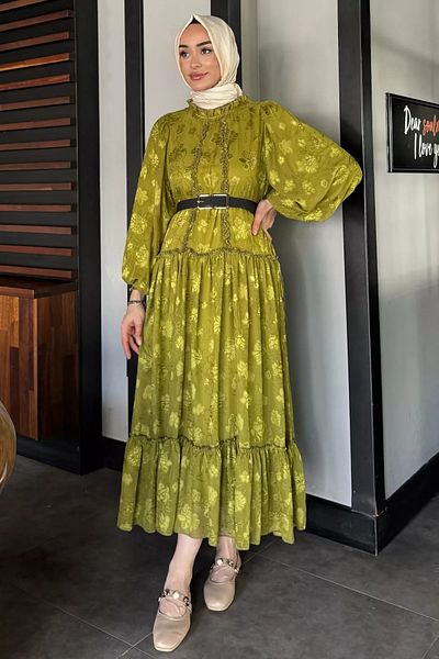 julude Λαδιοπράσινο Κεντημένο και Φόδρα Φόρεμα Hijab Chiffon