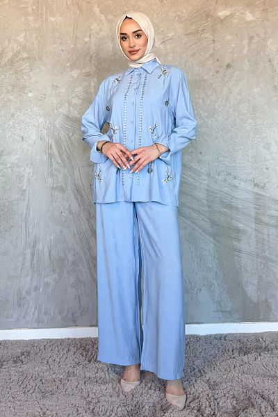 julude Light Blue Women's Bead Embroidered Hijab Shirt Pants Double Suit