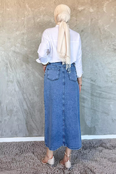 Genel Markalar Mavi Kadın Taş İşlemeli Tesettür Jean Kot Etek