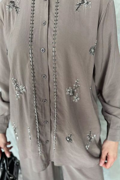 julude Mink Women's Bead Embroidered Hijab Shirt Pants Double Set