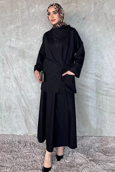 julude Μαύρο Πλαϊνό Δεμένο Jean Denim Jacket Φούστα Hijab Διπλό Σετ