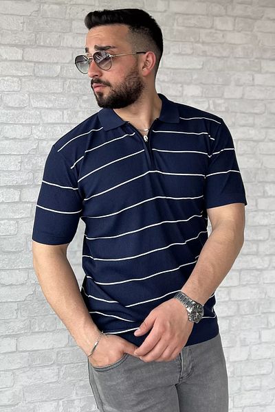 MİSHAR İTALİA Tricou tricot cu model cu jumătate de fermoar pentru bărbați, albastru bleumarin