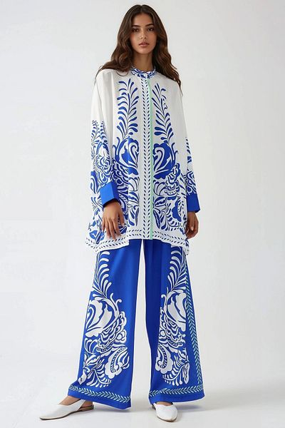 Hiccup Set de două piese modest cu model, cămașă cu mâneci lungi și pantaloni cu picioare largi
