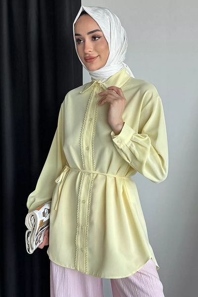 julude Κίτρινο πουκάμισο Hijab με λεπτομέρεια με δέσιμο στη μέση