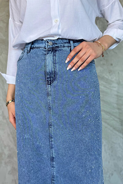 Genel Markalar Mavi Kadın Taş İşlemeli Tesettür Jean Kot Etek