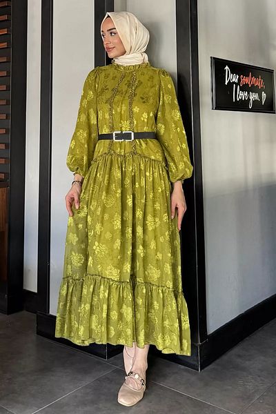 julude Λαδιοπράσινο Κεντημένο και Φόδρα Φόρεμα Hijab Chiffon
