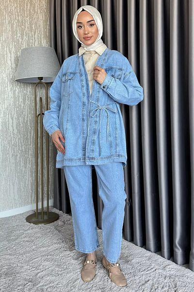 julude Ice Blue Hijab Jean Jeans Jacket Trousers Double Set