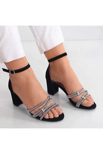 MODA STİL Sandale Dama Cu Toc Negre Din Imitatie Catifea Hadya, 35