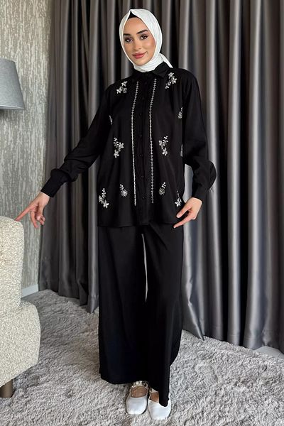 julude Black Women's Bead Embroidered Hijab Shirt Pants Double Set
