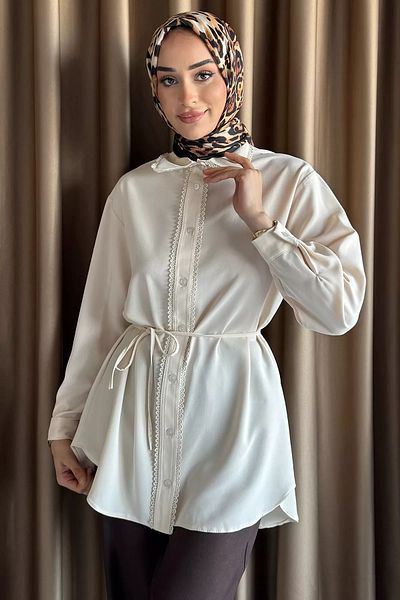 julude Πέτρινο πουκάμισο Hijab με λεπτομέρεια με δέσιμο στη μέση