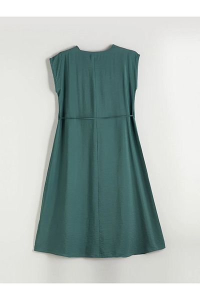 LC Waikiki Lcwaikiki Classic Green V-Neck Tie-Up Waist Dress