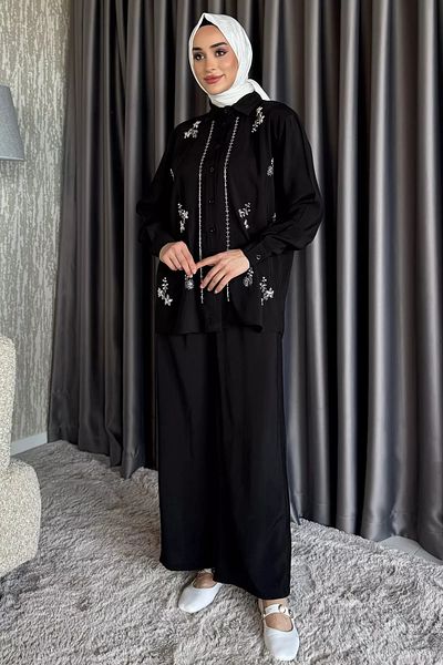 julude Black Women's Bead Embroidered Hijab Shirt Pants Double Set