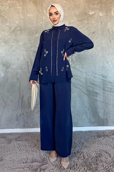 julude Navy Blue Women's Bead Embroidered Hijab Shirt Pants Double Set