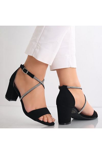 MODA STİL Sandale dama cu toc Negre din imitatie catifea Byana, 36