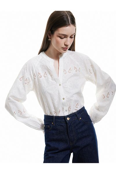 Koton Cotton Round Neck Long Balloon Sleeve Scalloped Embroidered Shirt