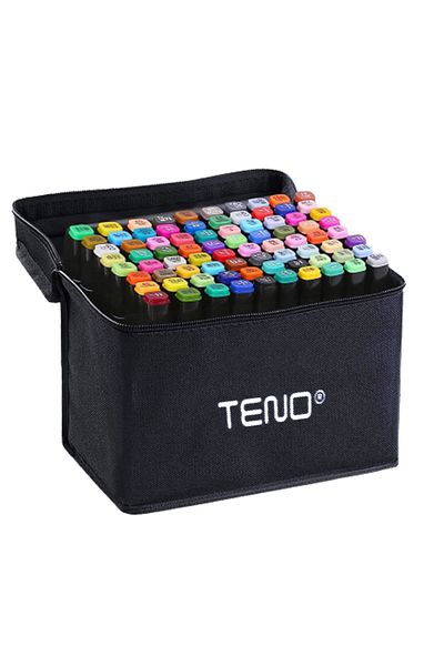 Teno Set 80 Markere Teno®, geanta de depozitare inclusa, 2 varfuri, pe baza de alcool, multicolor