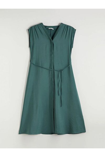 LC Waikiki Lcwaikiki Classic Green V-Neck Tie-Up Waist Dress