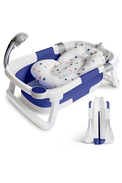Yelajoy Foldable Baby Bath Tub With Cushion Pad,Water Plug,Non-Slip Support Leg For Toddler,Infant,Blue