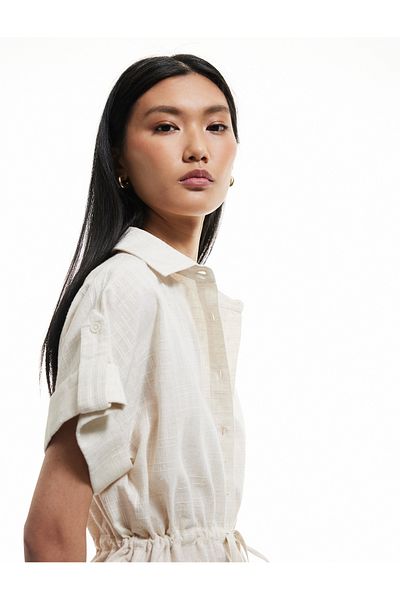 Koton Viscose Linen Blend Tie Waist Short Sleeve Shirt