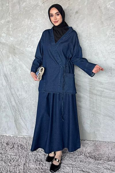julude Μπλε Navy Side Tie Jean Denim Jacket Φούστα Hijab Διπλό Σετ