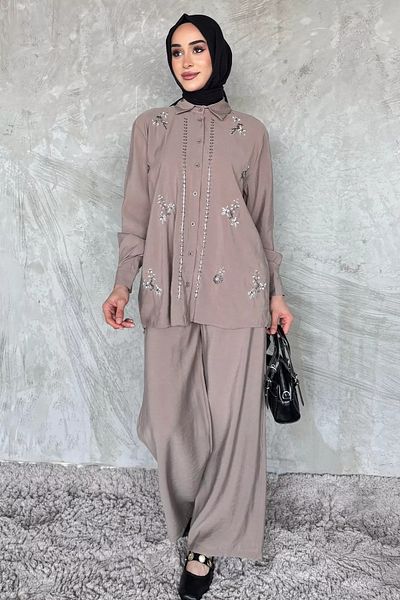 julude Mink Women's Bead Embroidered Hijab Shirt Pants Double Set