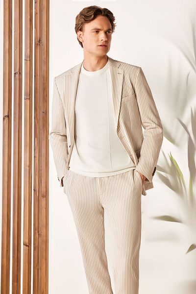 Sarar Interview Men's Woven Thin Fabric Sport Striped Slim Beige Jacket
