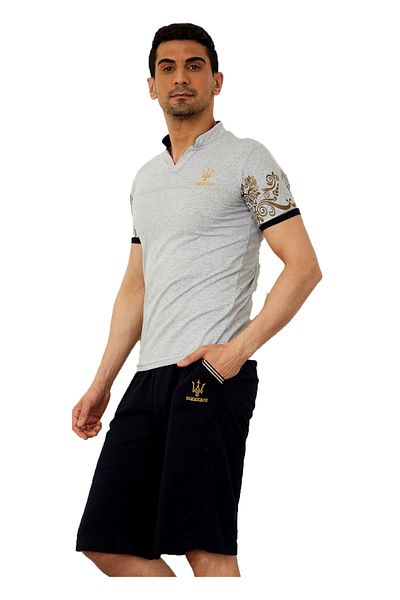 ixir Embroidery and Chest Crest T-Shirt Shorts Capri Set Gray