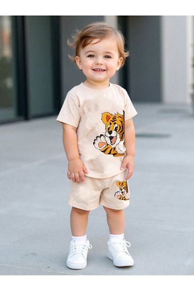 bebekpare Boy's T-Shirt Shorts Set Beige Tiger