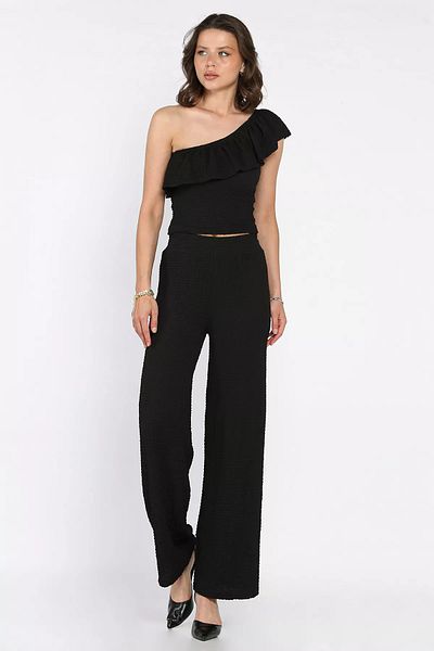 GÜLSELİ Black Women's Self Patterned One Shoulder Blouse Pants Double Suit