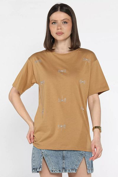 GÜLSELİ Tricou pentru damă Biscuit Bow Stone Crew Neck