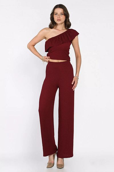 GÜLSELİ Burgundy Women's Self Patterned One Shoulder Blouse Pants Double Suit
