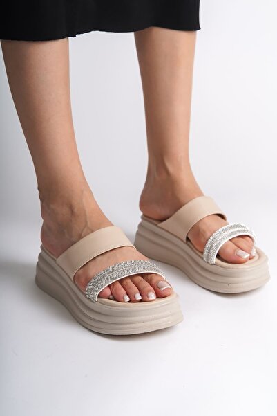 kemalacar Sarah Flat Heeled Stone Striped Thick and Orthopedic Sole Women's Slippers Ckt - Cream