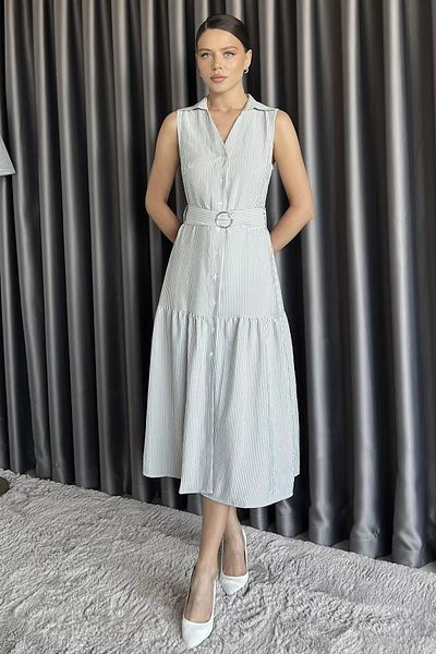 GÜLSELİ Rochie de damă cu mâneci zero cu centură cu model Black Line