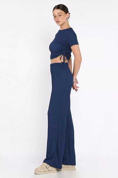 GÜLSELİ Navy Blue Women's Self Patterned Side Gathered Blouse Trousers Double Suit
