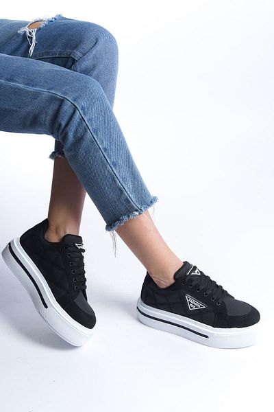 Joy Ayakkabı Prag Lace-Up Orthopedic Sole Patterned Women's Sneaker Sports Shoes Cbt - Black