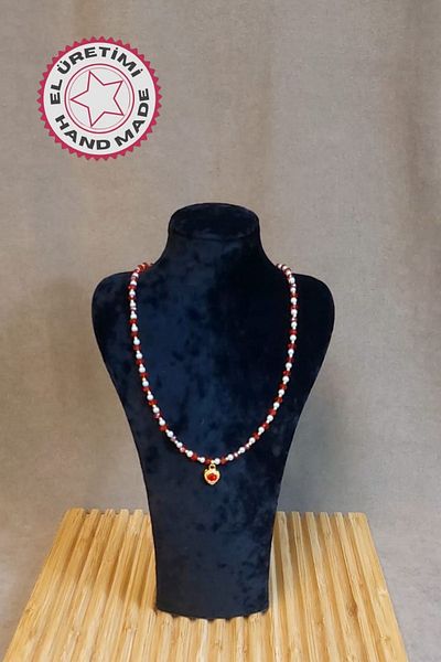 Uretti - Özlem 9422 4557 Handmade Heart Detailed Red and White Crystal Bead Necklace