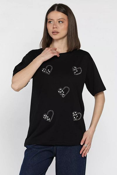 GÜLSELİ Tricou de damă cu inimă neagră cu detalii de piatră
