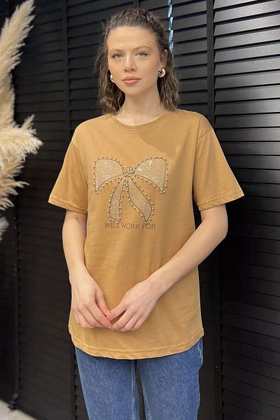GÜLSELİ Tricou pentru damă Biscuit Ribbon Stone Crew Neck