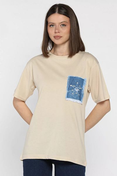 GÜLSELİ Tricou de damă garnit cu denim bej