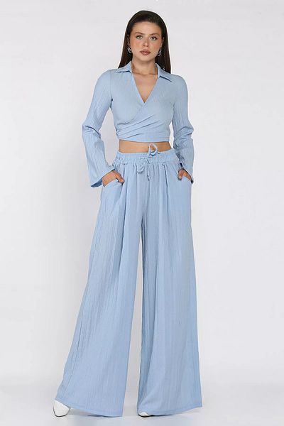 GÜLSELİ Baby Blue Double Breasted Collar Waist Lace up Blouse Pants Double Suit